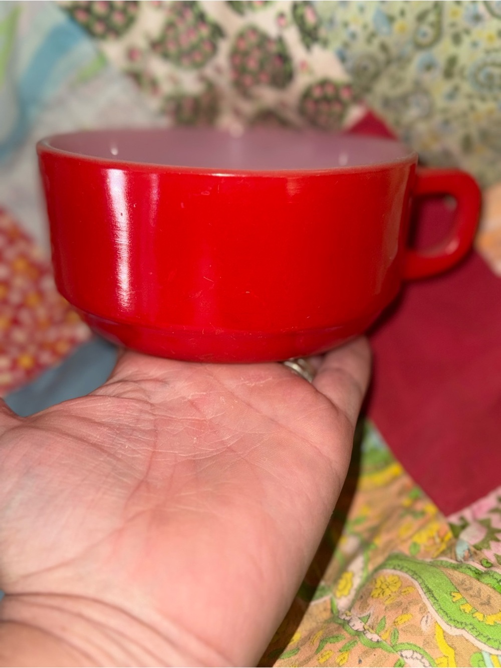 Fire King Stackable Soup Mug-Red Milk Glass